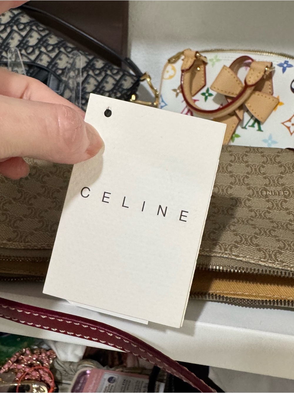 Celine Beige Monogram Canvas Shoulder Bag with Red Trim - Picture 9 of 10